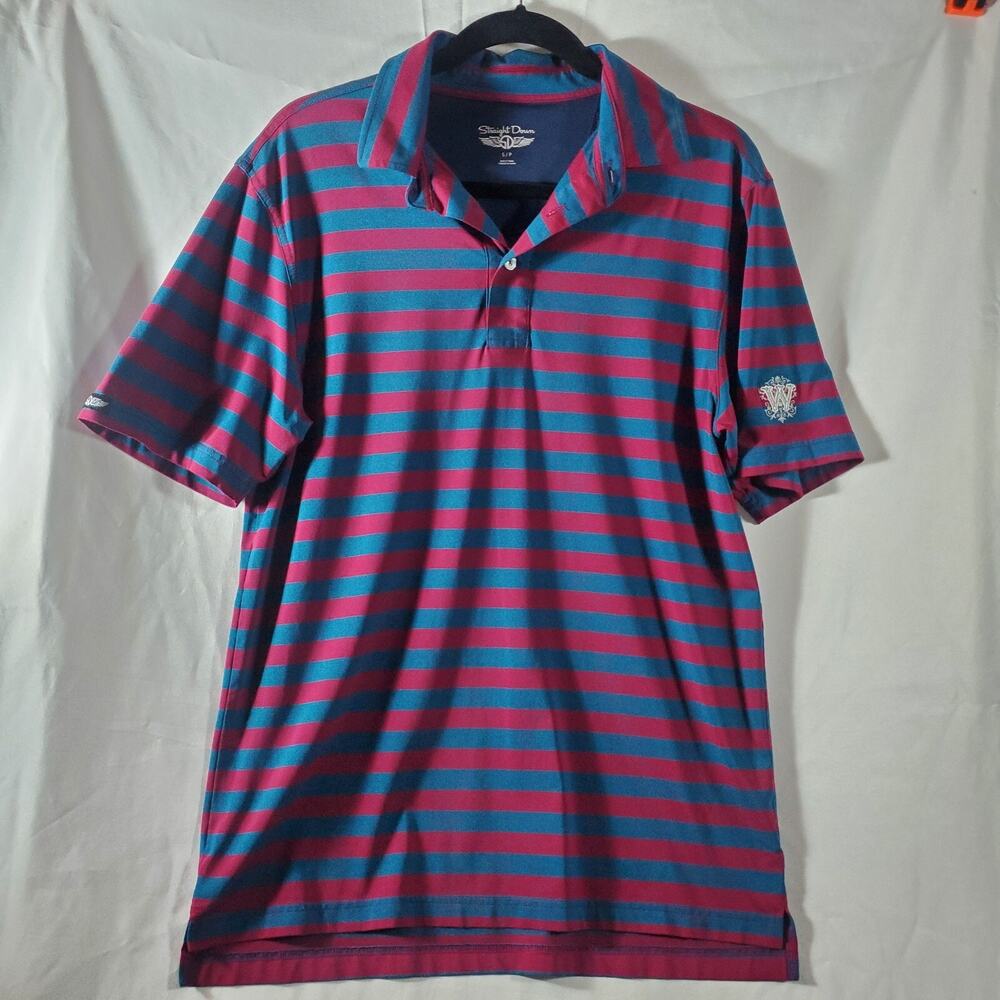 Straight Down Golf Polo Shirt Mens S Red Blue Striped Performance W Logo